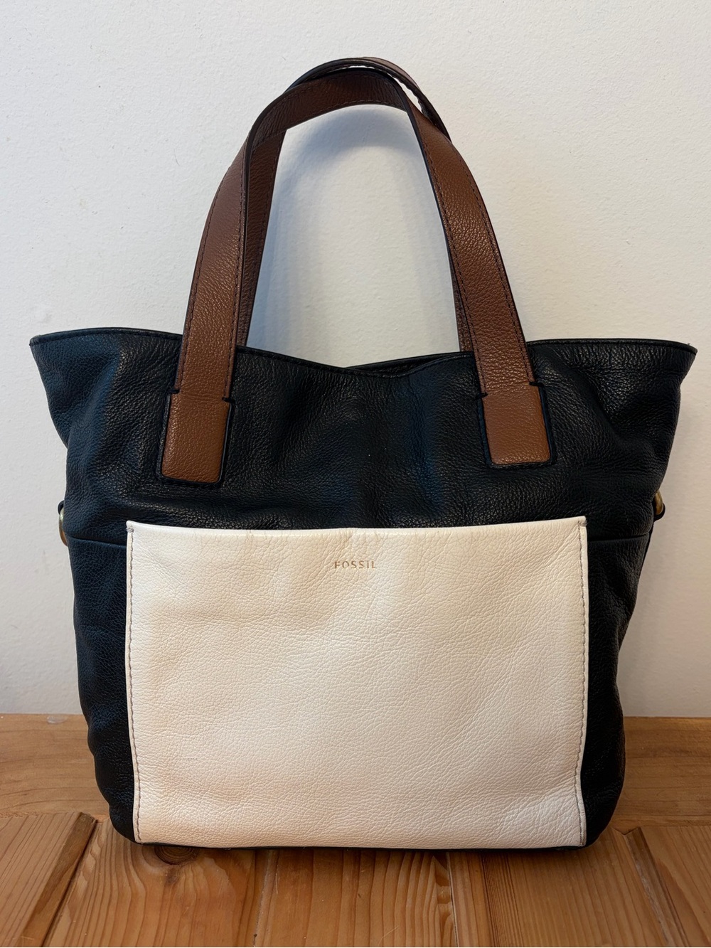 Fossil Black, Cream & Brown Leather Tote